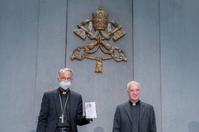 Bishop Franz-Peter Tebartz-van Elst and Archbishop Rino Fisichella present the apostolic letter 'Antiquum ministerium' at the Vatican, May 11, 2021